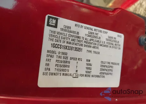 2003 Chevrolet S-10 Ls from USA, damaged, VIN 1GCCS19X338135251